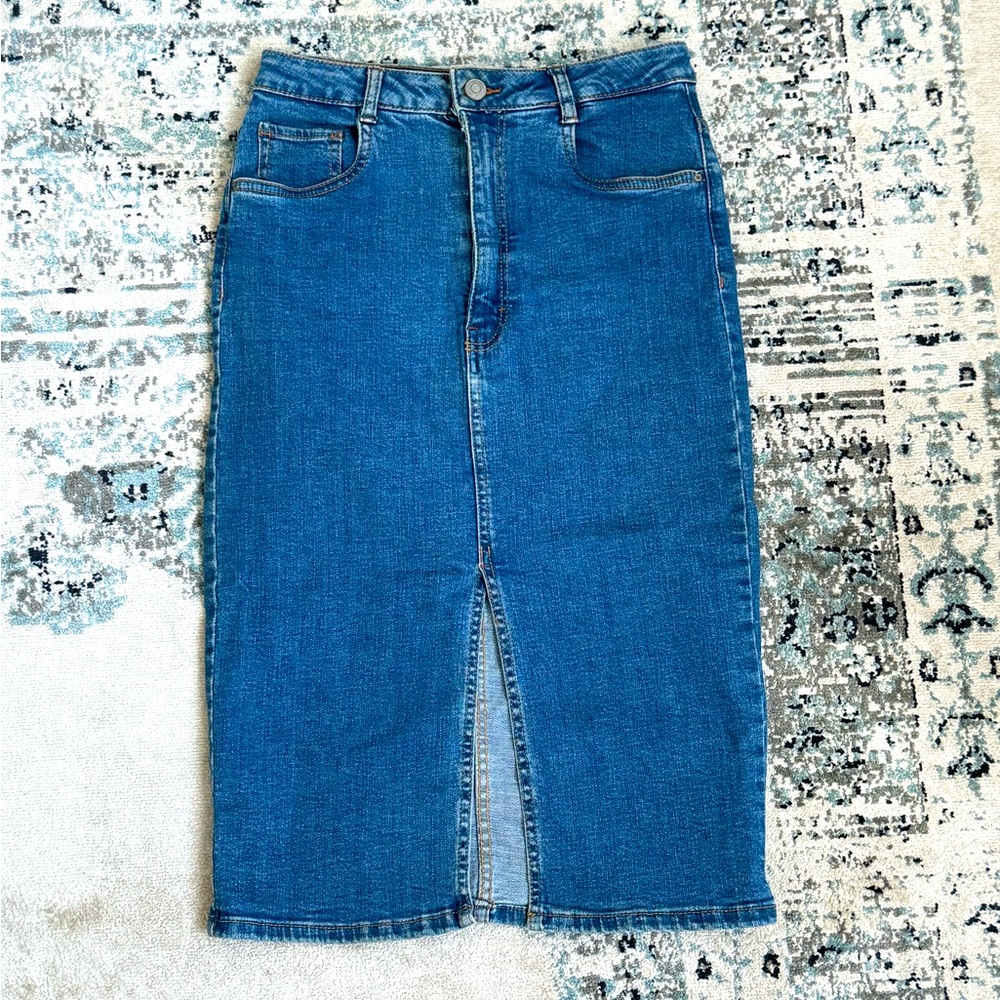 Zara Denim Midi Skirt with Front Slit Size S